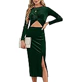 Simlakey Women Bodycon Midi Dress Long Sleeve Cut Out Pencil Dress Sexy Velvet Side Slit Twist Front Skirt Party Cocktail