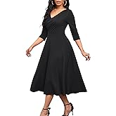 Nmoder Women's Casual Wrap Flared Midi Dress Wedding Guest Cocktail Tea Dresses A-Line Swing V-Neck 3/4 Sleeve