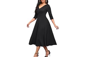 Nmoder Women's Casual Wrap Flared Midi Dress Wedding Guest Cocktail Tea Dresses A-Line Swing V-Neck 3/4 Sleeve