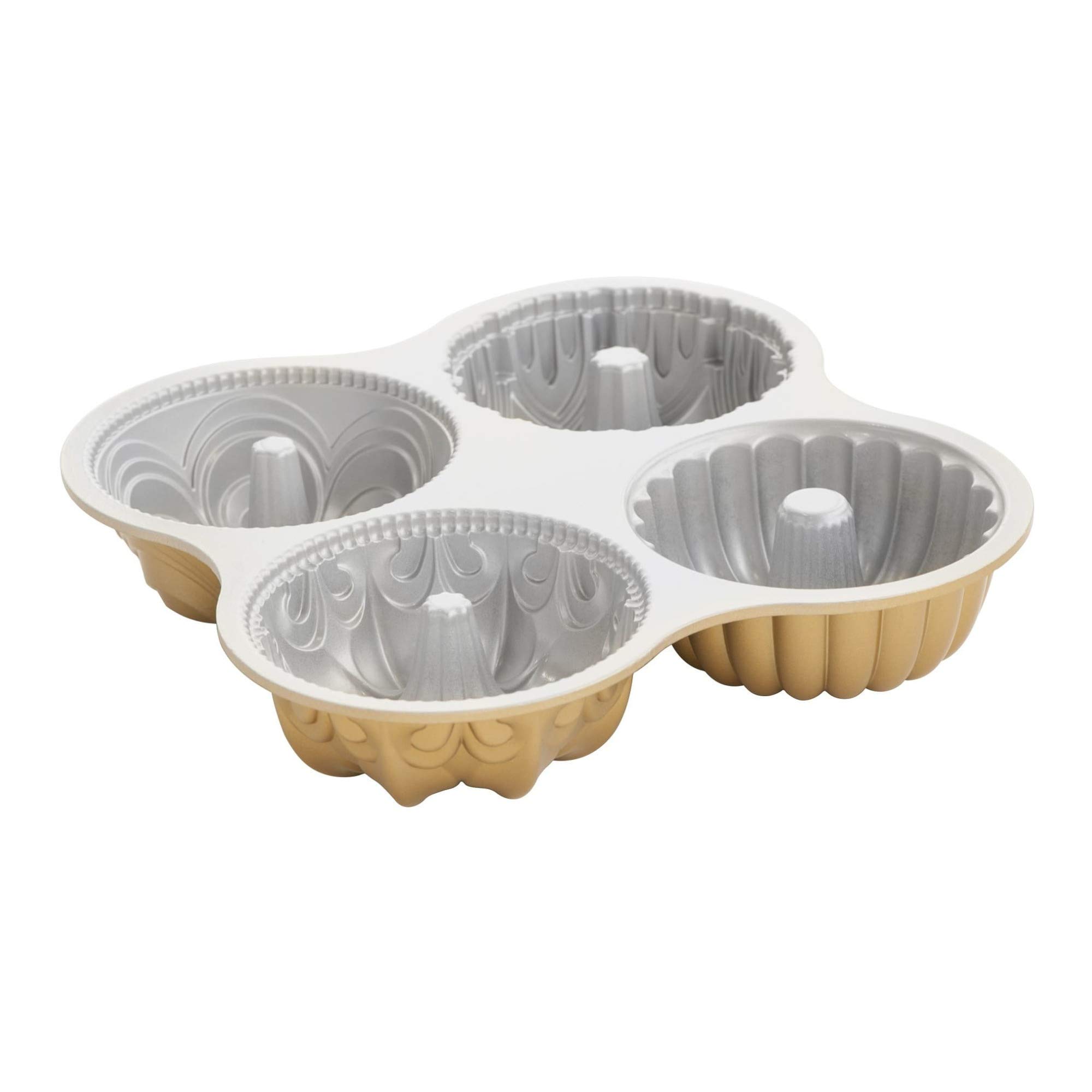 Nordic Ware Bundt Quartet 9-Cup Bundt Pan, Original Cast Aluminium Bundt Tin, Bundt Cake Tin with Multiple Designs, Cake Mould Made in the USA, Colour: Gold