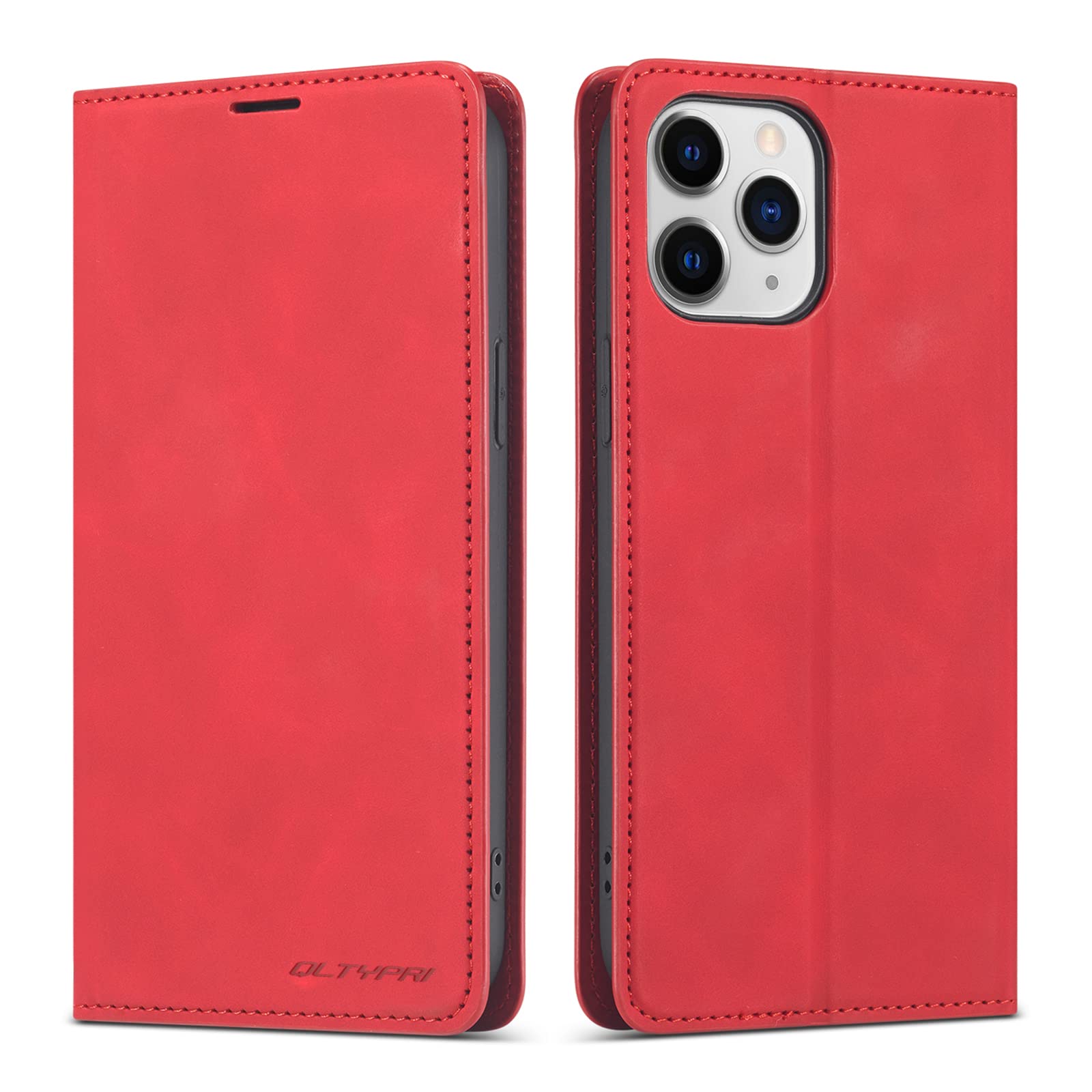 QLTYPRI Case for iPhone 11 Pro, Premium PU Leather Cover TPU Bumper with Card Holder Kickstand Hidden Magnetic Adsorption Shockproof Flip Wallet Case for iPhone 11 Pro (5.8 inch) - Red