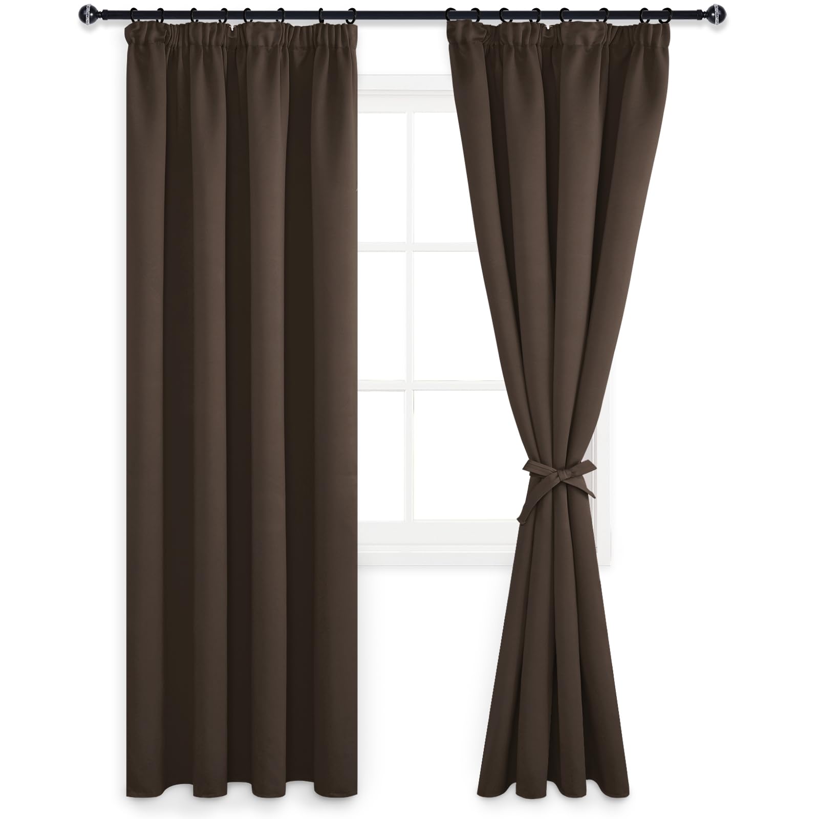 DWCN Brown Curtain with Tiebacks Blackout Curtains Pencil Pleat for Bedroom Thermal Insulated Curtains for Living Room 66 x 72 inch Length, Brown, 2 Panels
