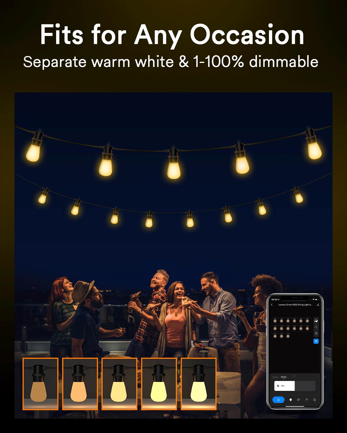 Lumary 100FT Smart Outdoor String Lights with Remote, RGBAi Color Changing Patio Lights, ​Permanent Outdoor Lights for Patio APP&Wi-Fi Control Work with Alexa, 30+2Bulbs, IP65 Waterproof,Shatterproof