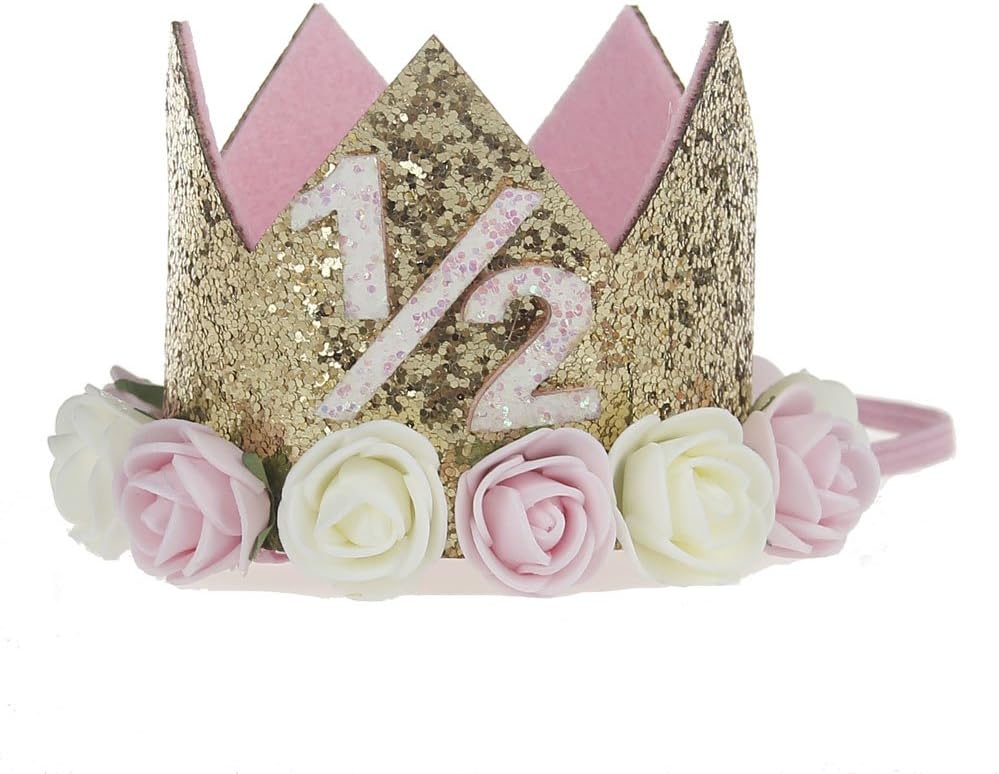 Baby Princess Tiara Crown, Baby Girls/Kids First Birthday Hat Sparkle Gold Flower Style with Artificial Rose Flower