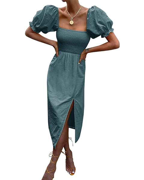 WOMEN’S SUMMER CASUAL PUFF SLEEVE DRESS SQUARE NECK SMOCKED OFF SHOULDER BOHO SIDE SPLIT MIDI DRESSES