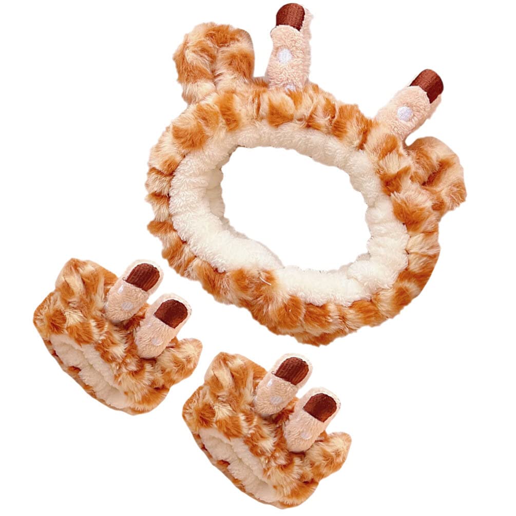 Healifty Giraffe Hairband and Wristbands Set for Women Girls Spa Face Wash Makeup Soft Plush Headband Comfortable Skin-Friendly