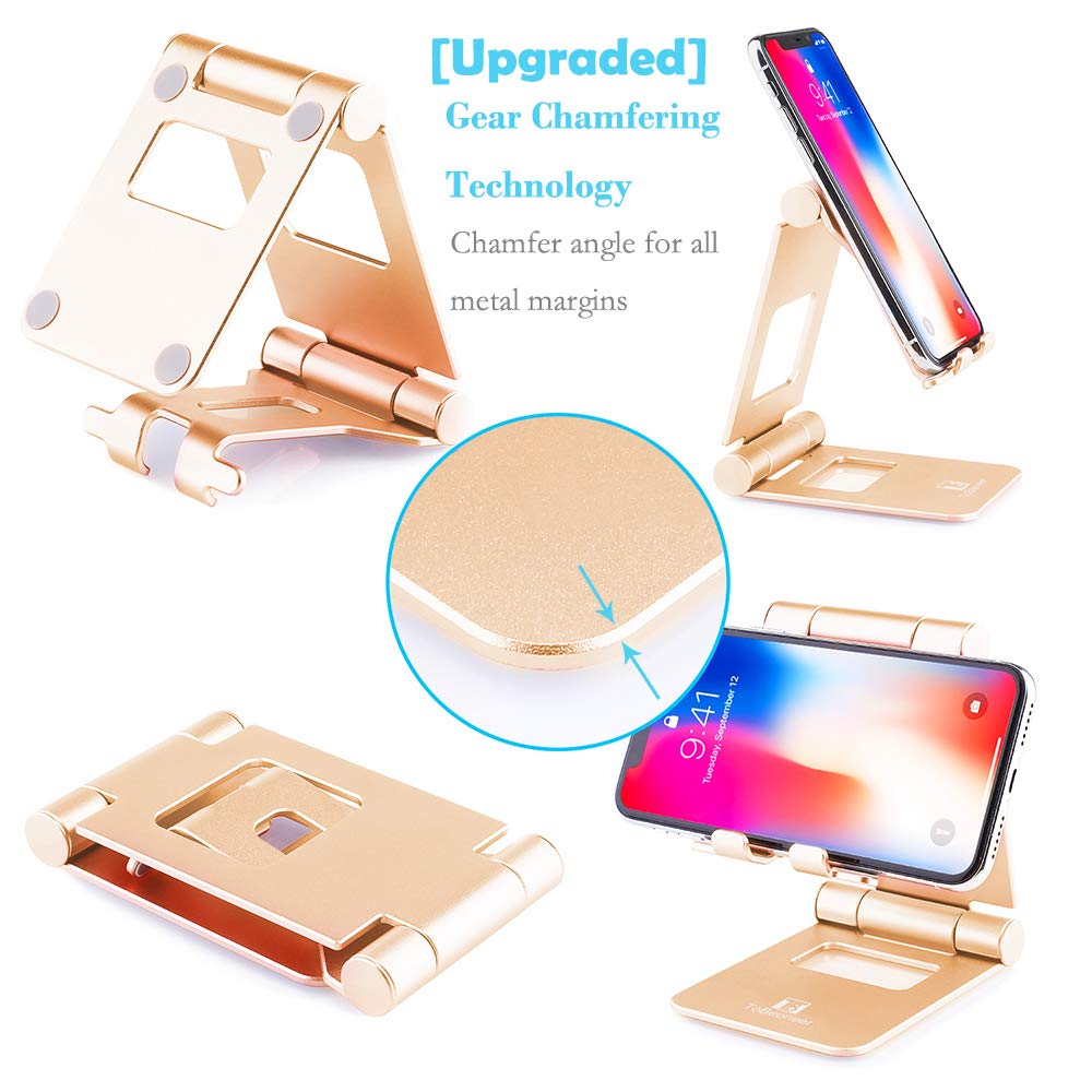 Cell Phone Stand Adjustable, ToBeoneer T8 Desk Phone Holder [Upgraded] Multi-Angle Phone Dock Thicker Wider Taller for All Mobile Phone Tablet [Up to 10 in] Home Office Décor Accessories, Gold
