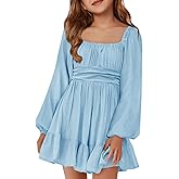 Batermoon Girls Long Sleeve Tie Back Dress Kids Fall Square Neck A-Line Mini Dresses 5-14 Years