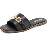 Rihero Black Flat Sandals for Women Summer Square Open Toe Slides Slip On Fashion Slide Sandals Wide Width Size 8.5