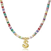 YOUFENG Initial Letter Necklaces for Women Colorful Beaded Gemstone Choker 14K Gold Plated Bubble Letter Pendant Necklace Natural Stone Handmade Jewelry Gift