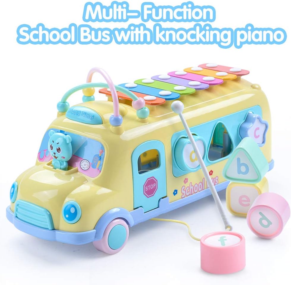 EFOSHM Intellectual School Bus Baby Toy, Piano Bus Toys with Shape Puzzles Knocking Piano Music Educational Toys Gifts for Baby, Toddler, Preschooler(Yellow)