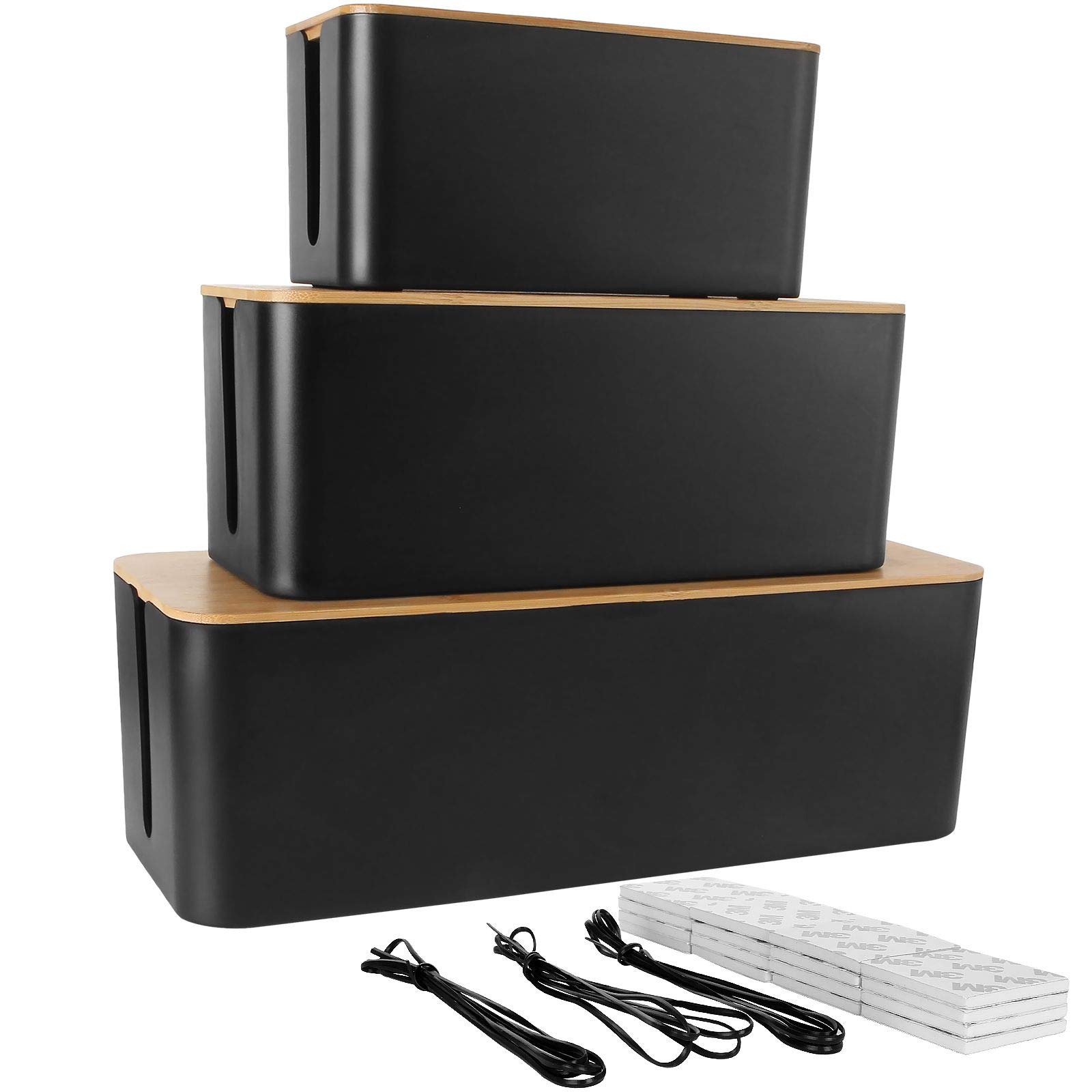 STARVAST Cable Management Box Set With Wooden Lid | 3 Black Large Desk Cable Tidy Boxes | TV Cable Wire Extension Box Organiser for Home Office | Large, Medium, Small