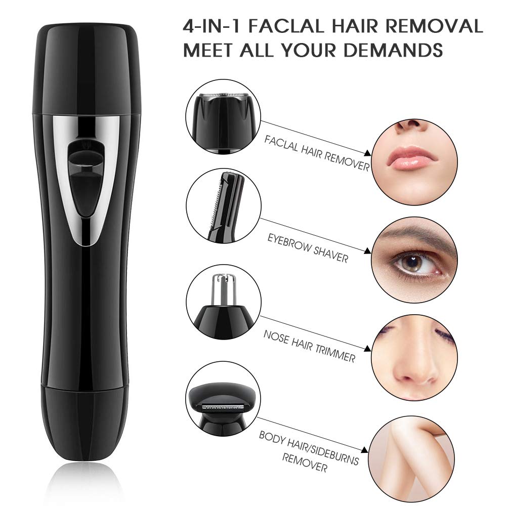 Sunvito Facial Hair Remover for Women,4 In 1 Painless Electric Hair Removal Kit Include Facial Hair Removal,Eyebrow Razor,Nose Hair Trimmer,Body Shaver with USB Charging for Home Travel (Black)