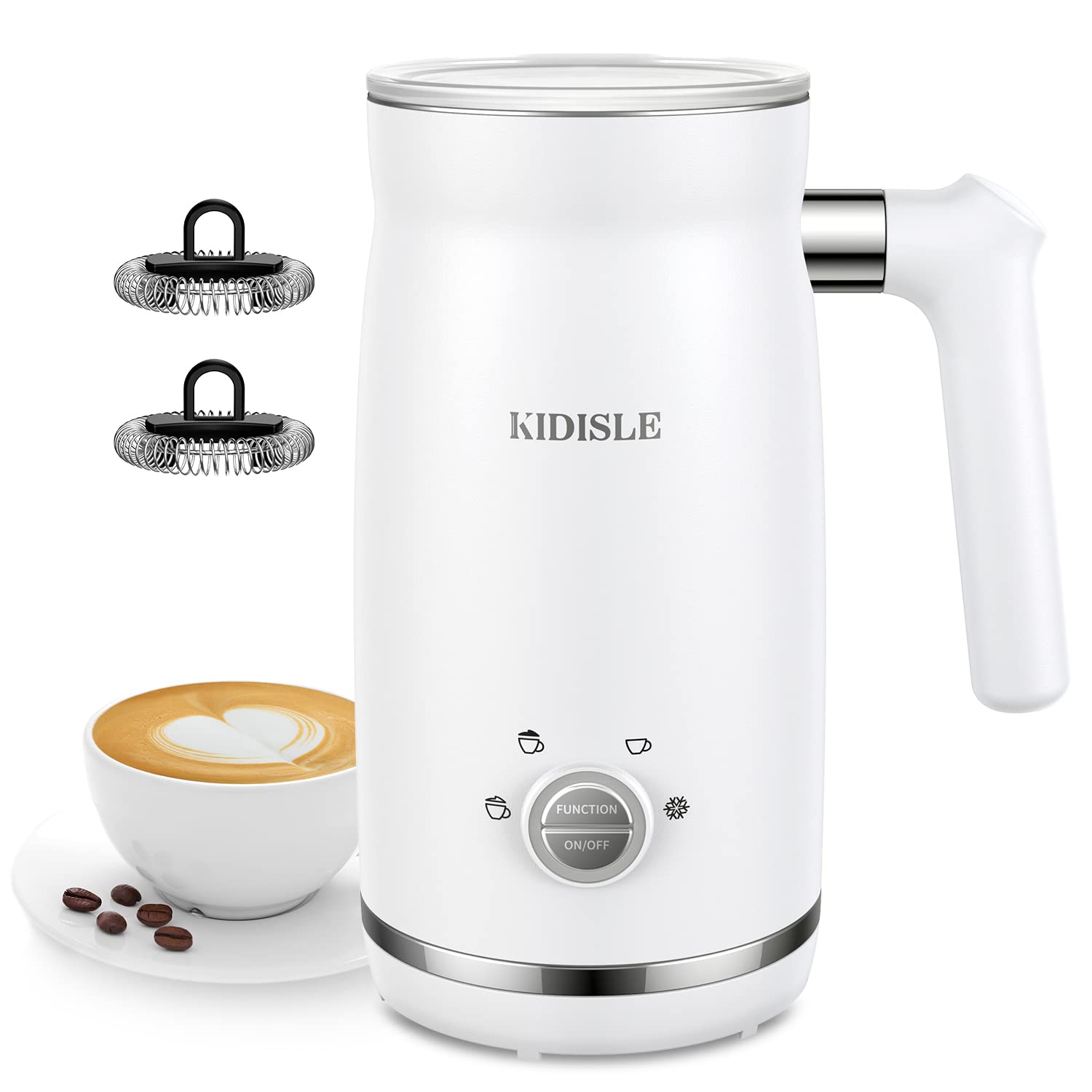 KIDISLE Electric Milk Frother, Side Spiral Stirring Milk Steamer, 4 in 1 Multifunctional Automatic Shut-Off hot Milk frother for Coffee, Hot Chocolates, Latte, Cappuccino,White