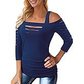 Bellelily Womens Sexy Tops Cut Out Cold Shoulder Half Sleeve Shirts Square Neck Hollow Out Ruched Concert Rock Tee Blouse
