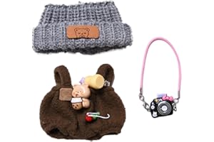 BALABOLA Clothes for 17cm Doll(Clothes Only) – 3-Piece Outfit Set with Knitted Hat, Brown Overall, and a Camera Bag – 17cm Doll Accessories