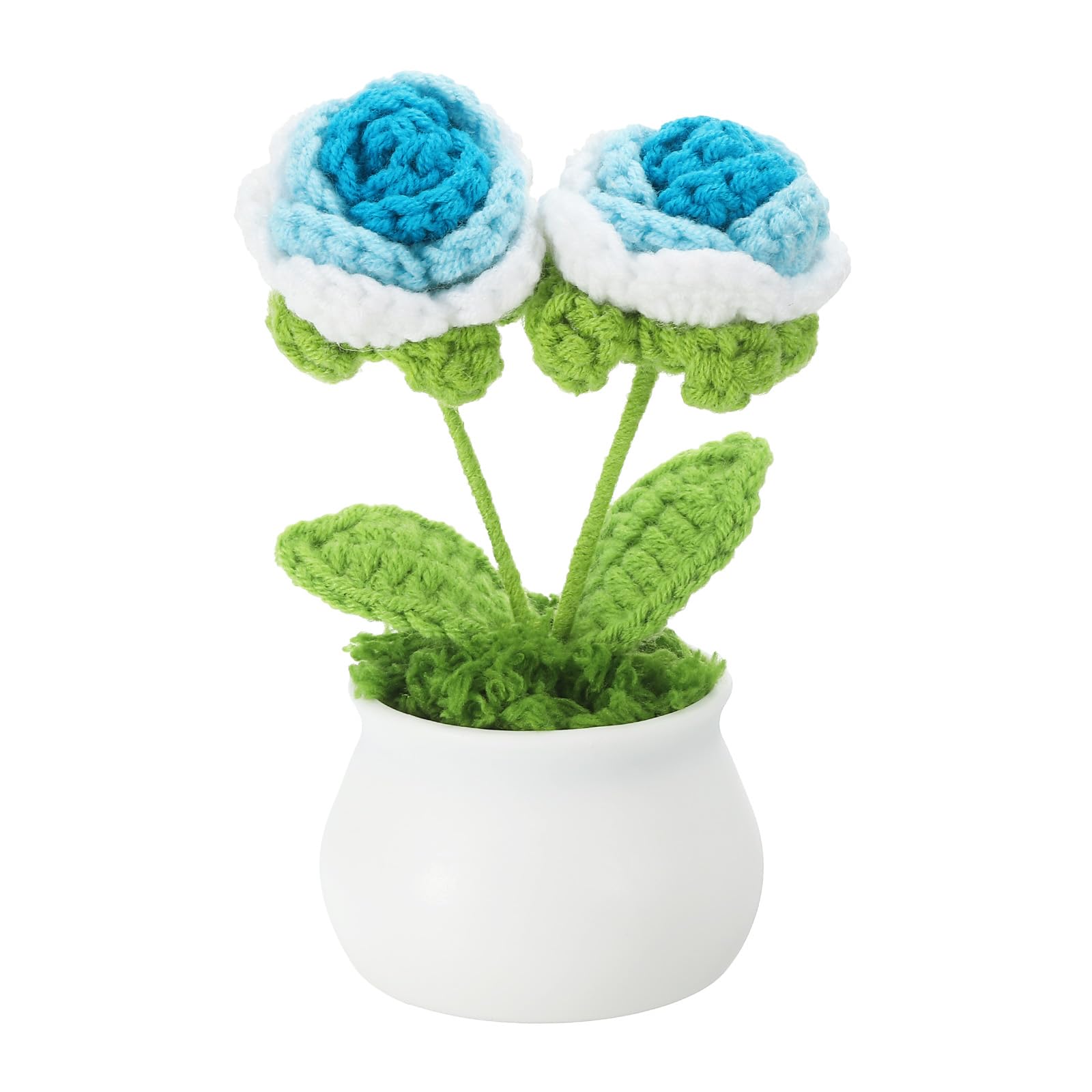 PATIKIL Crochet Flowers Potted, 2 Head Rose Flowers Handmade Knitted Mini Potted Plants Artificial Flowers for Valentine's Gifts Home Office Tables Decoration, Gradient Blue