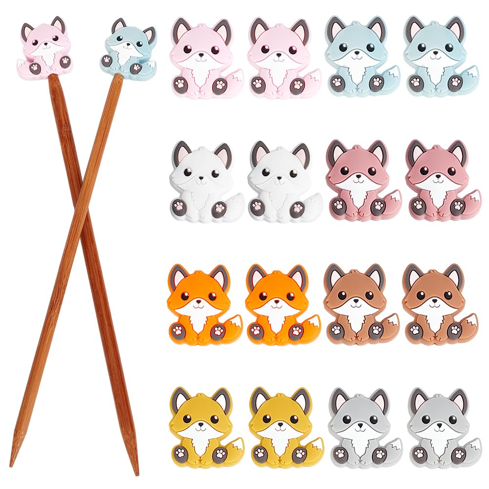 WEBEEDY 16 Pcs Fox Knitting Needle Stoppers Colorful Needle Point Protectors Cartoon Animal Knitting Needle Caps Sewing Supplies Accessories for Knitting Crocheting Sewing DIY Craft,8 Color
