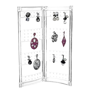 Klappbarer Ohrringhalter & 4 Türen Beauty Acryl Organizer Display Ständer – Halskette Ohrringe Zubehör Boxen für Mädchen Frauen, transparent