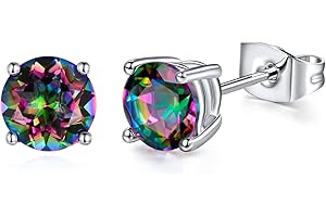 VOLUKA Created Rainbow Quartz Stud Earrings for Women Men 18K White Gold Plated Round/Square CZ Earrings Hypoallergenic Jewelry Gift