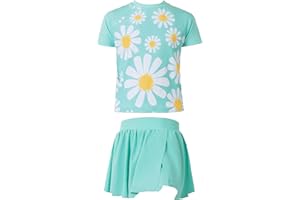 Meteorito Girls Rashguard Set Flowy Skirt with Butterfly Short Print Short Sleeve Shirt Non-See Through Swimsuit 3-12 Years
