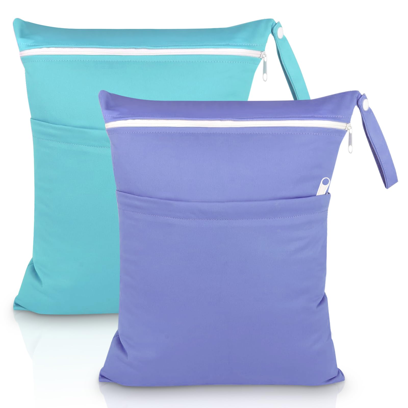 SLETIE 2 Packs Wet Bag, Waterproof Wet Dry Bags, Reusable Washable Cloth Diaper Bags, Nappy Bag with Double Zipper Pockets for Baby Items Swimming Camping Travel Beach Pool Bag (Blue+Purple)