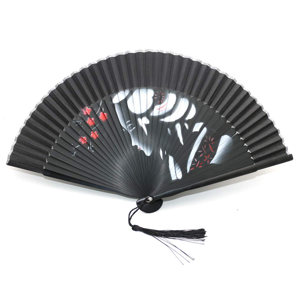 1SourceTek Silk Hand Held Fan 8.27 inches (21cm) Hand Fans for Women Folding, Hand Fan Folding With a Fabric Sleeve Protection for Gifts - Chinese Retro Style (Black Plum Girl)