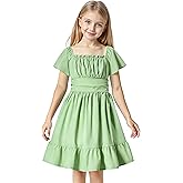Magic Park 4-15Y Kid Flutter Sleeve Dress Square Neck Tie-Back Dresses Off Shoulder Dress Tween Girl Solid Color A-line Skirt