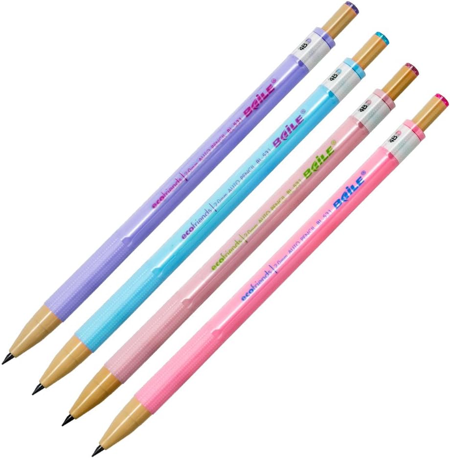 BAILE Multiple Color mechanical pencils set with 2.0 mm lead and built-in sharpener in the cap, 4 count