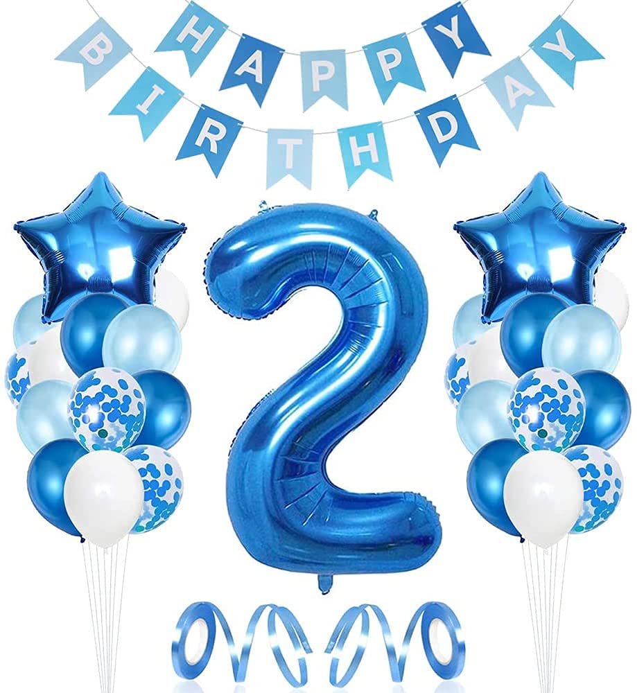 Unisun Baby Boy 2nd Birthday Decorations - Blue & White Balloons, 40" Blue Number 2, Happy Birthday Banners & Star Foil Balloons