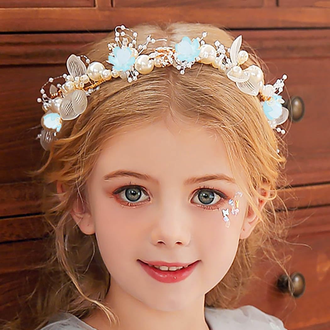 IYOU Flower Girl Hair Accessories Gold Pearl Headband Bridal Babys Breath Crystal Hair Vine for Princess Flower Girls and Bridesmaid
