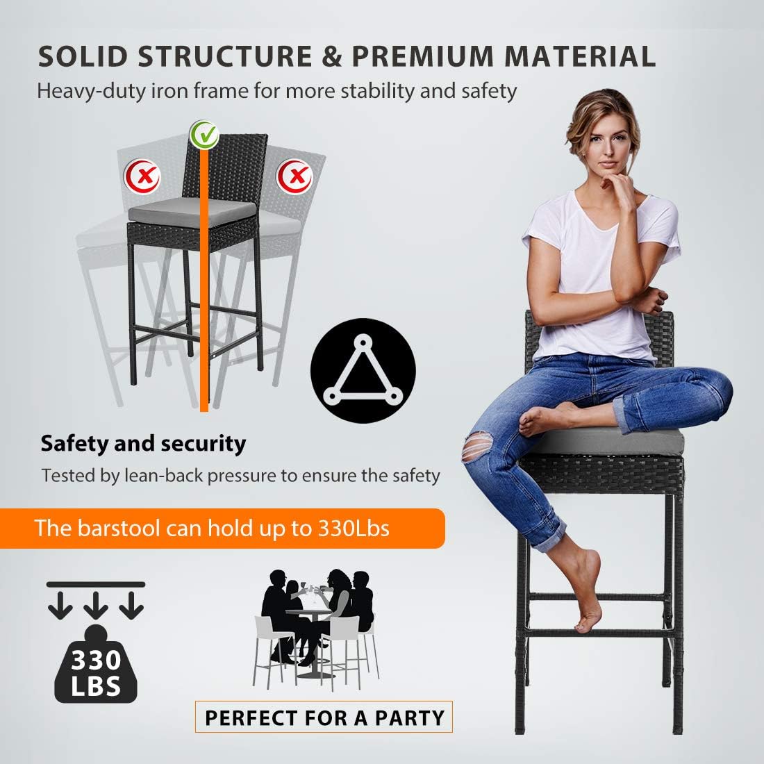 VIVOHOME 2 Packs Outdoor Wicker Barstool Patio Rattan Furniture with Cushions Black: Kitchen & Dining