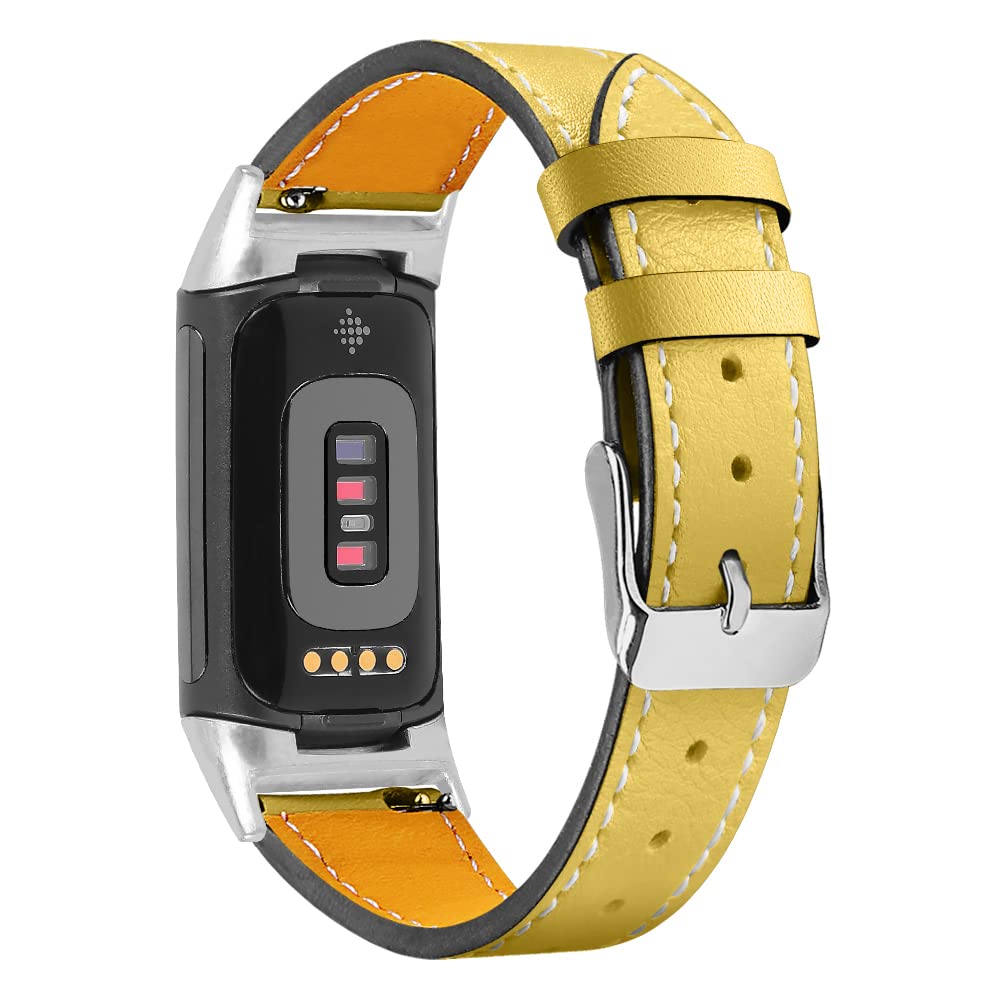 AISPORTS Leather Strap Compatible with Fitbit Charge 6/5 Strap for Women Men, Soft Breathable Leather Sport Wristband Metal Classic Buckle Clasp Bracelet Replacement Band for Fitbit Charge 6/5