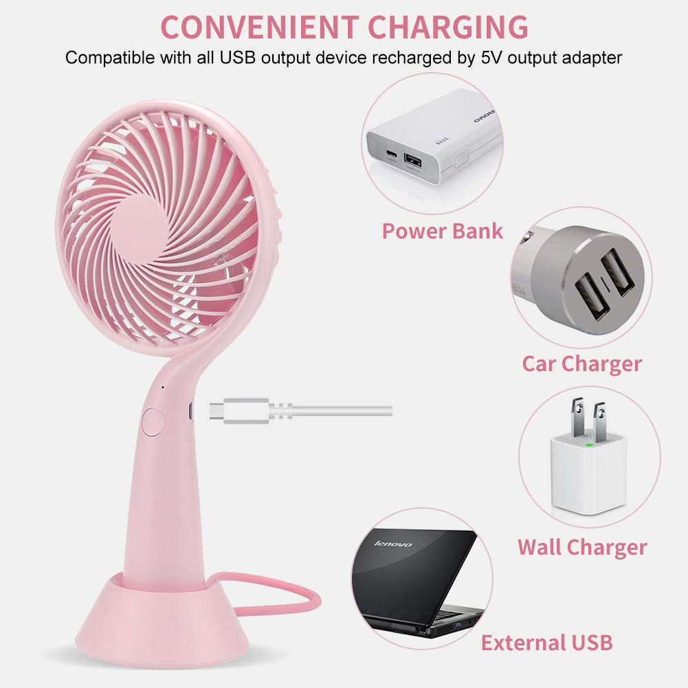 LBTbate Mini Handheld Fan Portable, Hand held Personal Fan Rechargeable Battery Operated Powered Cooling Desktop Electric Fan with Base, 3 Speeds for Home Office Travel Outdoor (Pink)