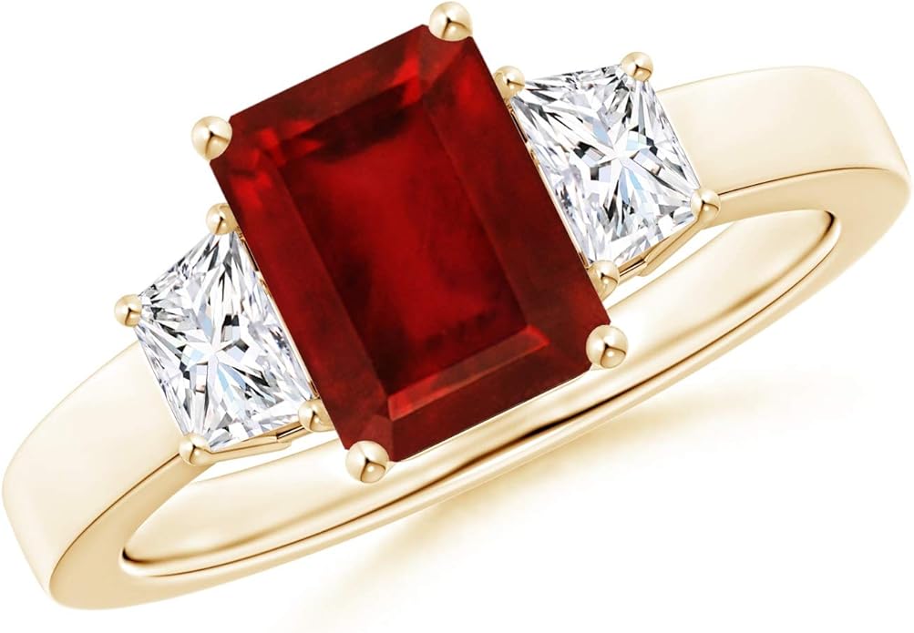 Ruby and Diamond Three Stone Ring in 14K Yellow Gold (8x6mm Ruby