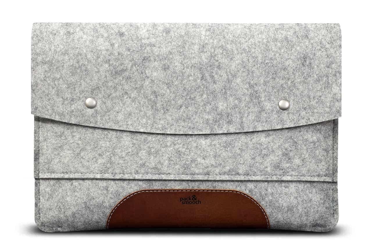 Pack & Smooch For MacBook Air 13" Sleeve "Hampshire" 100% Merino Wool Felt And Vegetable Tanned Leather - Gray/Light Brown