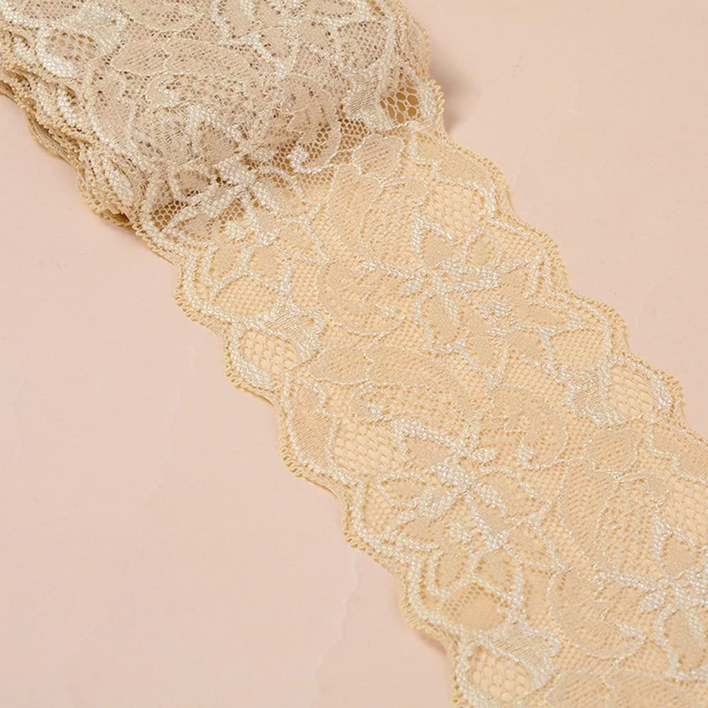 5 Yards Elasticity Lace Border Lace Ribbon, 8 cm Wide Colourful Lace Flowers Border Decorative Ribbon Lace Fabric Lace Trim for Sewing DIY Craft Clothing Underwear Khaki