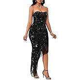 dasmzper Women's Sexy Sequin Off The Shoulder V Neck Mesh See Through Dress Feather Hem Bodycon Evening Maxi Dress