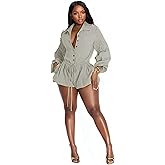 Famnbro Womens Summer Rompers Long Sleeve V Neck Drawstring Bubble Short Cute Jumpsuit One Piece Club Outfits