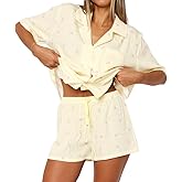 TUWIXIUW Women Valentines Pajamas Sets Cute Heart Print Pjs Set Short Sleeve Button Down Tops and Shorts Loungewear