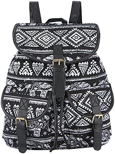 Orlyvrie School Bag Bohemian Vintage Women Backpack Drawstring Printing Canvas Bagpack Sac a Dos Femme Rucksack Female ElephantBlack