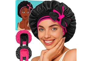 Atgdluk® Reversible Silk Bonnet for Sleeping Women - Double Layer & Color Satin Bonnet, Adjustable Hair Cap for Curly & Textured Hair (Rose Red & Black)