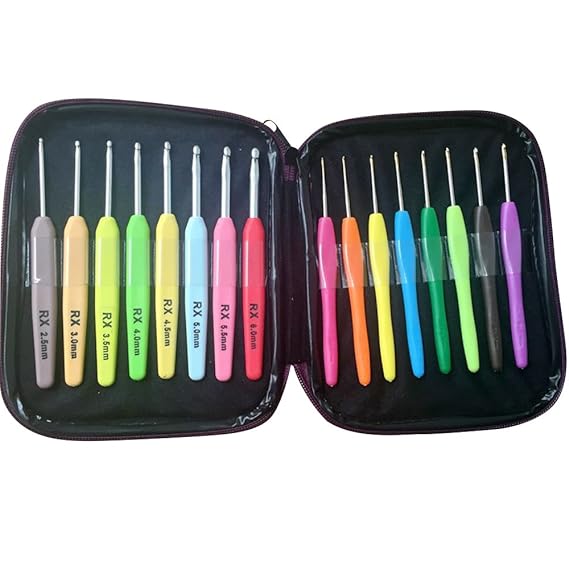 Vejaoo 16 Stück Häkelnadel Set Aluminium Knitting Needles Häkeln Stricknadeln mit Bunten Kunststoff Griffe