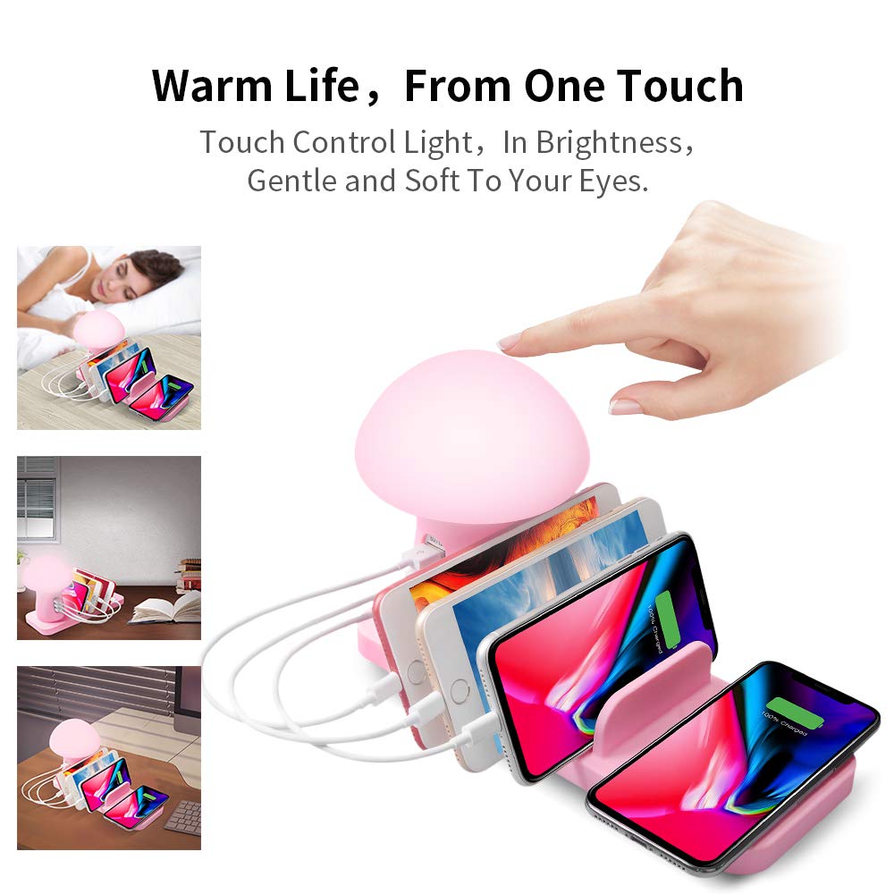 Stazione di ricarica Wireess con caricabatterie USB 3 porte Caricatore USB Supporto di ricarica per Apple iPhone Samsung Tablet Tablet Smartphone, Rosa