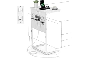 Vagusicc C Shaped End Table with Charging Station, 28" Tall Side Table for Couch, Sofa Table Laptop Couch Desk with Storage Bag, Slide Under Sofa TV Tray Arm Tables for Living Room, Bedroom, White