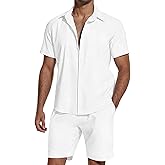 SHEKINI Men's Cotton 2 Piece Pajama Set Short Sleeve Button Down Shirt & Lightweight Shorts for Summer Beach Casual Outfits