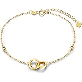 FANCIME 14K Solid Yellow Gold Interlock Circle Charm Bracelet with Paper Clip Dainty Link Chain Fine Jewelry Gift for Women, 6.7+1.2 inches Length