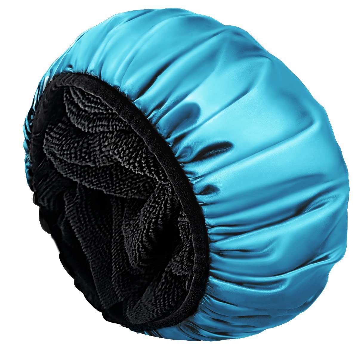 Aquior Shower Cap,Extra Large Triple Layer Bathing Cap with Dry Hair Function for Women Microfiber Terry Cloth Silky Satin 100% Waterproof Reusable Long Hair Bath Caps (Blue) — image 1