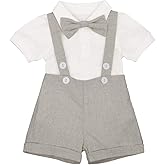 IDOPIP Baby Boys Formal Suit Set Short Sleeve Romper Suspenders Shorts Pants Bowtie Wedding Tuxedo Outfits Cake Smash Clothes