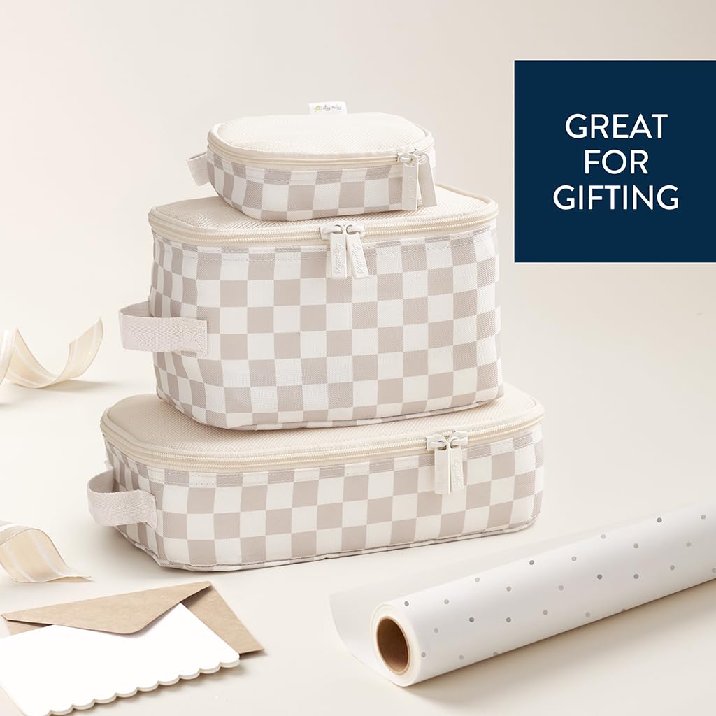 Itzy Ritzy Packing Cubes for Travel – Set of 3 Packing Cubes or Travel Organizers; Each Cube Features a Mesh Top, Double Zippers and a Fabric Handle (Checkerboard)